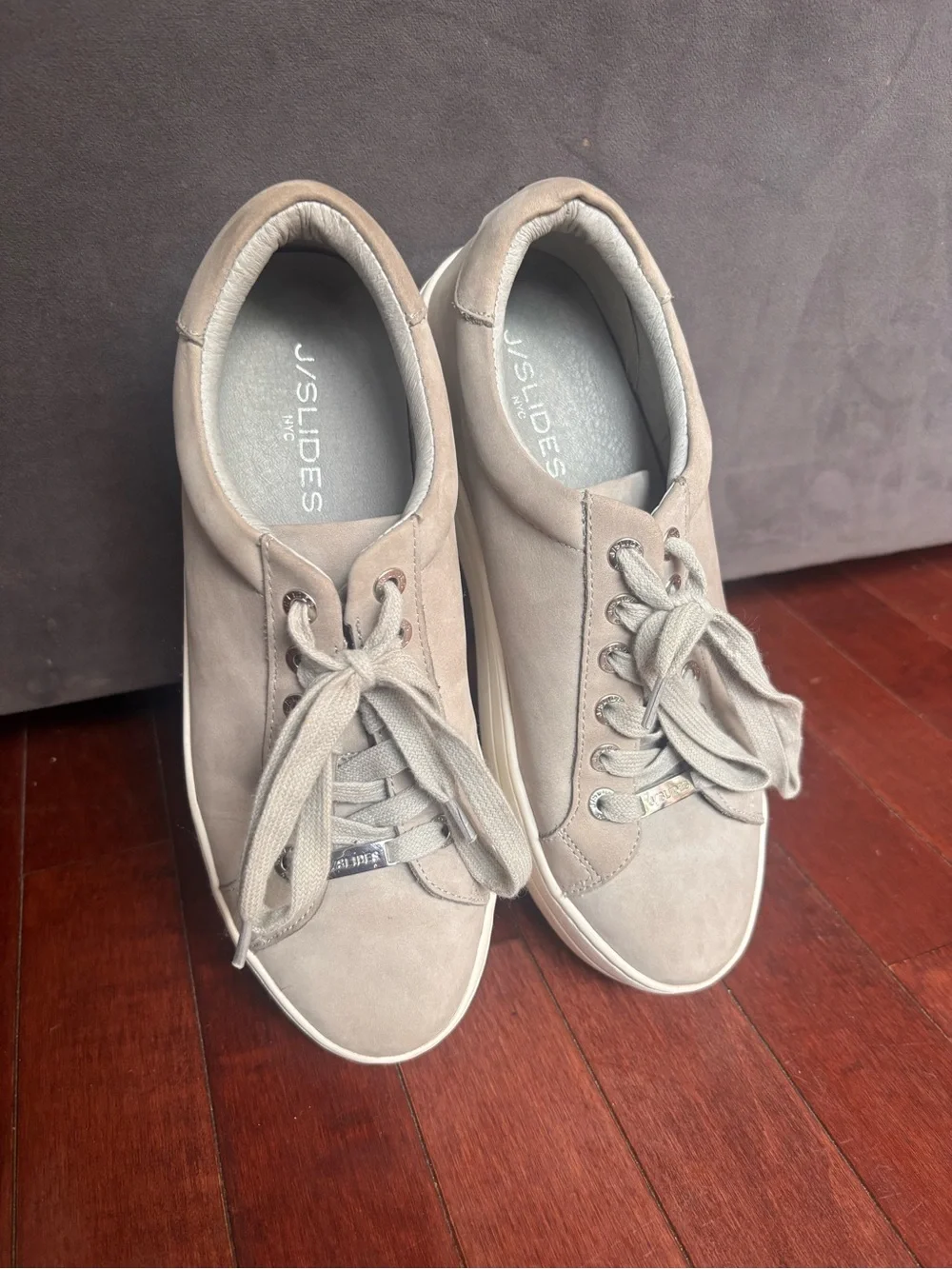 J/Slides NYC Platform Leather Top Sneakers in Light Taupe